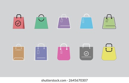 Uma variedade colorida de ícones de saco de compras organizados em um fundo cinza. Perfeito para projetos relacionados a varejo, venda e comércio.