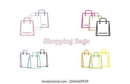 Uma variedade colorida de sacolas de compras organizadas em um fundo branco com o texto "Sacolas de Compras" sobreposto. Perfeito para varejo e projetos relacionados ao comércio.