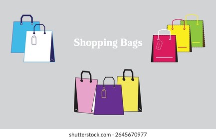 Uma variedade colorida de sacolas de compras organizadas em um fundo cinza com o texto "Sacolas de Compras" sobreposto. Perfeito para varejo e projetos relacionados ao comércio.