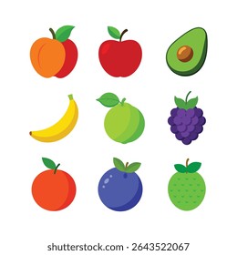 Uma variedade colorida de várias frutas isoladas em um fundo branco. Inclui uma maçã, banana, abacate, pêssego, baga, goiaba, laranja e mirtilo. Perfeito para ilustrar a alimentação saudável.