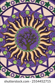 Colorful astrology background with sun tree ornament vector