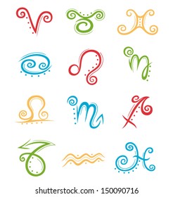 Colorful astrology symbols, zodiac signs vector set.