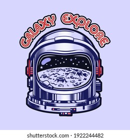 Colorful astronaut helmet and moon surface in reflection. Retro design of emblem for cosmos exploration. Universe and galaxy adventure for band stamp, label, sign template