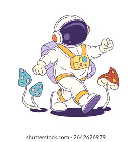 Colorful astronaut mascot explores outer space with alien mushrooms around, ideal for fun, science, or fantasy-themed projects. Vector mascot illustration