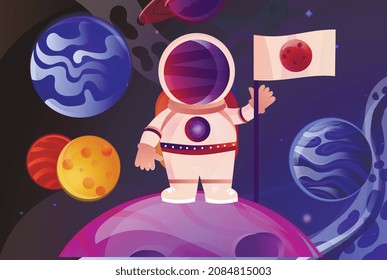 Colorful astronaut on moon. Fictional character puts flag of unknown planet. Space exploration and conquest. Futuristic images, pictures for printing on fabric. Cartoon flat vector illustration