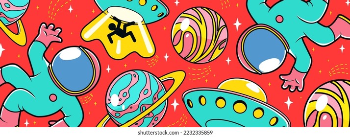 Colorful astronauts in spacesuits, fantasy planets, alien UFOs, space objects and stars on bright background. Trendy contemporary style seamless space pattern for wallpaper. Vector illustration