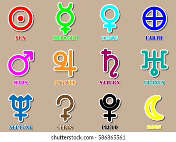 Colorful astronomy planet sign symbol icon vector illustration set