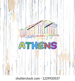 Colorful Athens drawing on wooden background