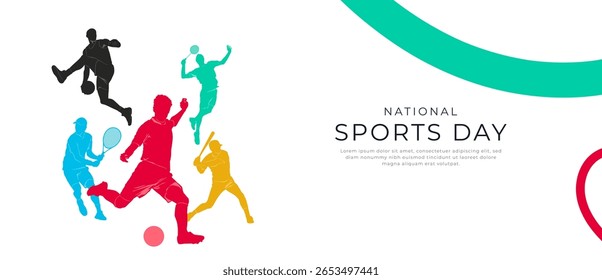 Colorful athlete silhouettes in motion, playing various sports like football, tennis, and basketball, symbolizing energy, teamwork, and celebration of National Sports Day.