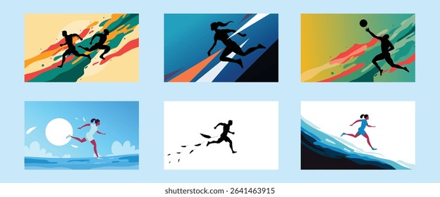 Colorful Athlete Sports Action Silhouette Background Bundle Set