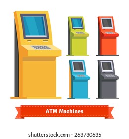 Colorful ATM Machines, terminals or info kiosks. Flat style icons.