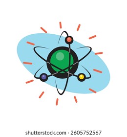 Colorful atom model, electrons, nucleus, light blue background
