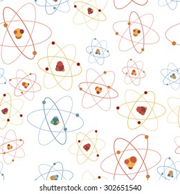 Colorful atom structure on white seamless pattern