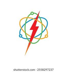 colorful atom symbol and red lightning symbol. atom and lightning concept