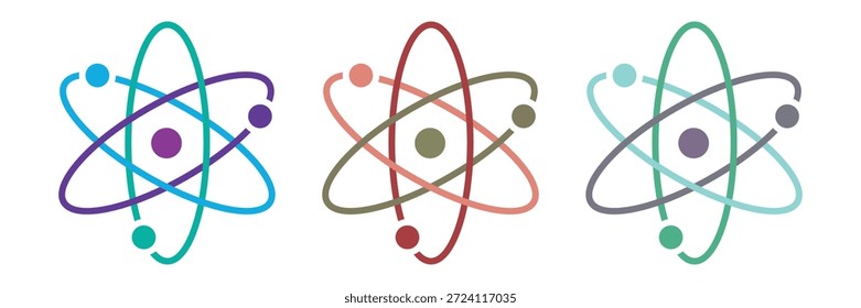 Conjunto de iconos de Vector átomo colorido con tres electrones giran en órbitas alrededor de la Ilustración vectorial del núcleo atómico