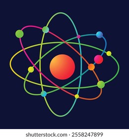 Colorful atomic structure illustration, nuclear energy concept, atom model with electron orbits.