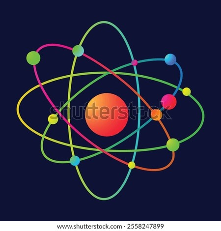 Colorful atomic structure illustration, nuclear energy concept, atom model with electron orbits.