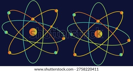 Colorful atomic structure illustration, nuclear energy concept, atom model with electron orbits.