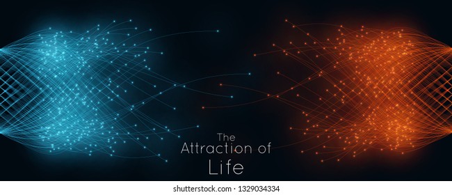 Colorful attraction of life. Vector connecting particle tails. Small particles strive to each other. Blurred debrises into rays or lines under high speed of motion. Burst, explosion backdrop