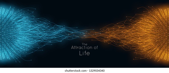 Colorful attraction of life. Vector connecting particle tails. Small particles strive to each other. Blurred debrises into rays or lines under high speed of motion. Burst, explosion backdrop