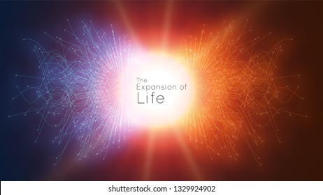 Colorful attraction of life. Vector connecting particle tails. Small particles strive to each other. Blurred debrises into rays or lines under high speed of motion. Burst, explosion backdrop