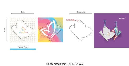 Colorful and attractive Butterfly hanging tie Tag design with blend pattern for baby product brands, kids brands, kids and nursery schools, clothing, playful, fun business designs