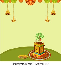 Colorful, attractive design of tulsi plant in pot with some red bangles on it and some lit lamps, flowers around it with a pooja tray. Some decoration of hanging bells, lamps with colorful curtains.