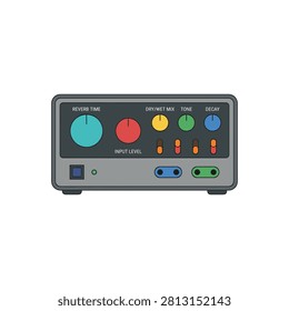 Colorful audio effects processor unit with reverb and tone controls. Grey audio unit with colorful knobs and sliders for reverb and mixing on a clean background. Ideal for music production blogs, podcasting graphics, or sound engineering tutorials.