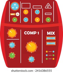 Colorful audio mixer panel with knobs and sliders. Sound engineering, music production equipment vector illustration.