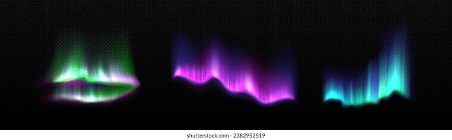 Colorful aurora borealis with neon glowing effect on dark transparent background. Realistic vector set of bright luminous streaks of northern lights on polar night sky. Arctic visual phenomenon