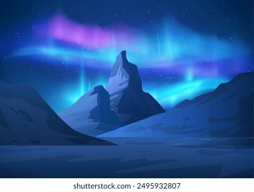 Colorful aurora borealis on starry night sky, polar light on mountains landscape vector illustration. Northern lights with neon glowing effect. Realistic bright streaks of arctic natural phenomenon