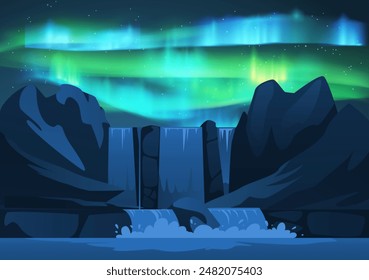 Colorful aurora borealis polar light on mountains and waterfall landscape vector illustration. Northern lights with neon glowing effect on starry night sky. Realistic bright arctic natural phenomenon