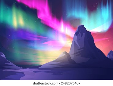 Bunte Aurora borealis Polarlicht auf Berglandschaft Vektorillustration. Nordlichter mit neonglühender Wirkung am Sternenhimmel. Realistische helle Streifen des arktischen Naturphänomens