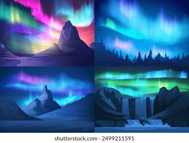 Colorful aurora borealis polar lights on mountains, waterfall and forest landscape vector illustrations set. Northern lights with neon glowing effect on starry night sky. Arctic natural phenomenon