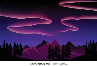 Colorful Aurora Borealis Sky Light Pine Mountain Adventure Polar Landscape Illustration