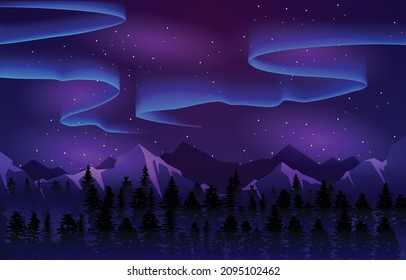 Colorful Aurora Borealis Sky Light Pine Mountain Adventure Polar Landscape Illustration