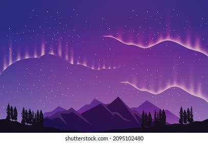 Colorful Aurora Borealis Sky Light Pine Mountain Adventure Polar Landscape Illustration
