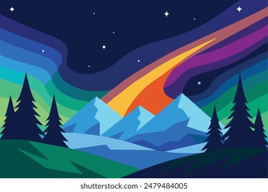 Colorful Aurora Borealis Sky Light Pine Mountain Adventure Polar Landscape vector illustration
