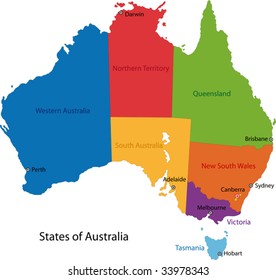Colorful Australia map with regions and main cities