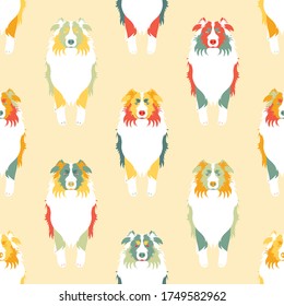 Colorful Australian Shepherd or Aussie seamless pattern background in retro style. Cartoon dog puppy background. Hand drawn childish vector illustration. Great for wallpaper, textile design.