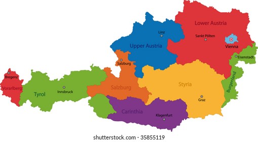 Colorful Austria map with states and main cities