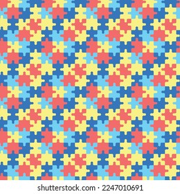 Colorful autism pattern with puzzles pieces. Seamless background with yellow, blue and red puzzles. World Autism Awareness Day April 2. Vector illustration.