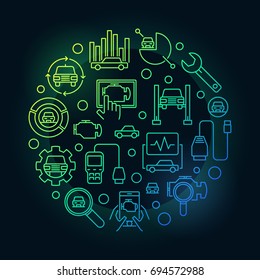 Colorful automotive diagnostics illustration. Car diagnostic concept round vector sign on dark background