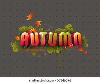 colorful autumn 3D headline with flying leaves, swirls and berries