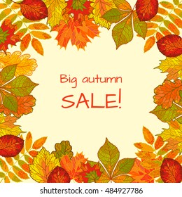 Colorful autumn background with falling leaves. Big sale. Drawing by hand.