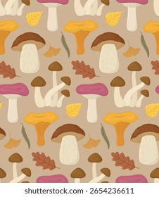 Colorful autumn background with forest mushrooms and leaves. Seamless pattern with honey fungus, russula, chanterelle, porcini 