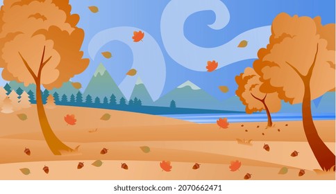 Colorful autumn background. Horizontal banner with trees, orange leaves, mountains and ocean. Beautiful landscape. Design element for wall decoration. Cartoon modern flat vector illustration
