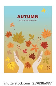 Colorful autumn background with space for text, decorated with vibrant fall leaves and two hands reaching towards the clear blue sky – Seasonal illustration for posters, banners, and invitations