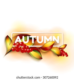 Colorful autumn background typographic with leaves and berries