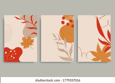 Farbige Herbsthintergründe im Vintage-Stil. Herbstbannersammlung. Minimale Zusammensetzung mit Pflanzen, gefallenen Blättern, Blumen. Nutzung für Einladung, Print Design, Rabattgutschein, Werbung. Vektor eps10